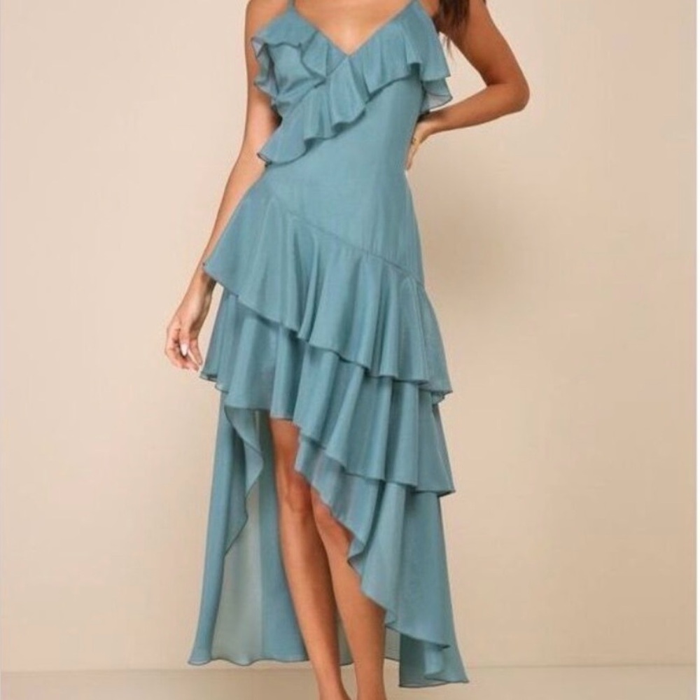Lulu's Teal Ruffled High-Low Maxi Dress